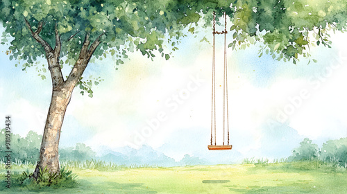 Watercolor iillustration for the teej festival with a traditional swing hanging on tree. photo