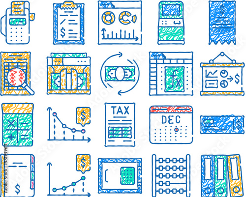 accounting and finance doodle icons set vector. sketch line art accounting business, financial report with growth and falling revenue infographic, tax and money color illustrations