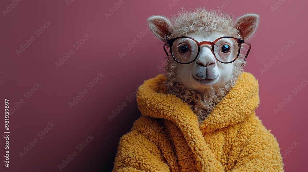 A cozy llama wearing glasses and a fluffy yellow robe poses against a vibrant pink backdrop in a playful indoor setting A cozy llama wearing glasses and a fluffy yellow robe poses against a vibrant pink backdrop in a playful indoor setting