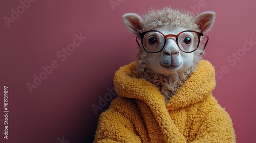 A cozy llama wearing glasses and a fluffy yellow robe poses against a vibrant pink backdrop in a playful indoor setting