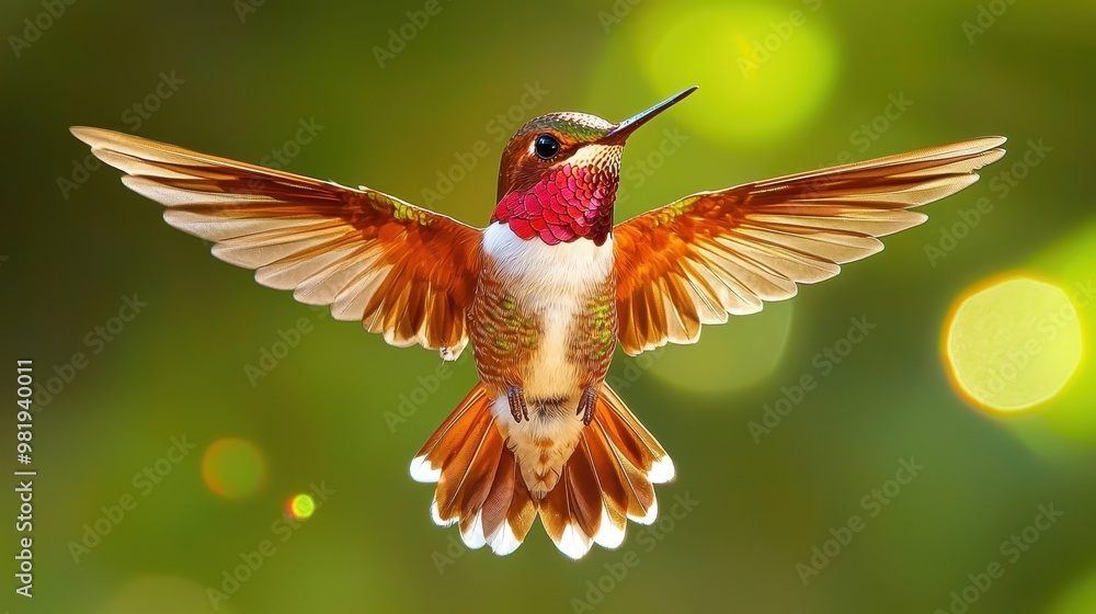 Fototapeta premium Hummingbird in Flight with Blurred Green Background