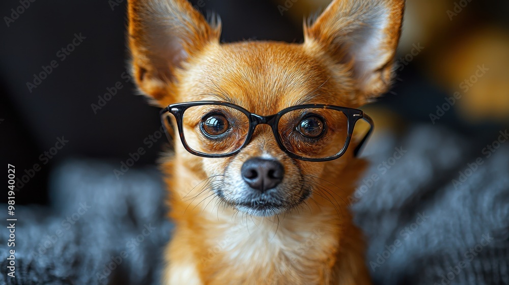 A cute Chihuahua wearing glasses sits on a cozy blanket at home, showcasing personality and charm while looking attentive and curious A cute Chihuahua wearing glasses sits on a cozy blanket at home, showcasing personality and charm while looking attentive and curious