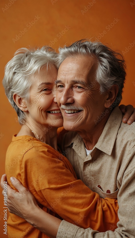 Two seniors embracing and smiling brightly on International Older Persons Day with a vibrant orange backdrop. Two seniors embracing and smiling brightly on International Older Persons Day with a vibrant orange backdrop.