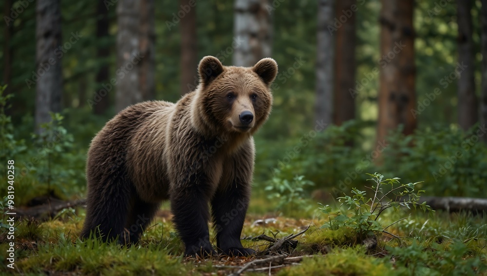 Two young brown bear cubs in the forest. Two young brown bear cubs in the forest.