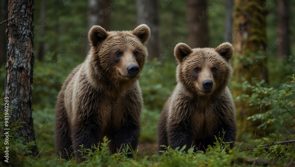 Two young brown bear cubs in the forest. Two young brown bear cubs in the forest.