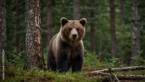 Two young brown bear cubs in the forest.