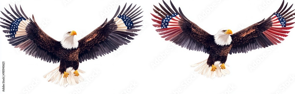 Fototapeta premium Bald Eagles with American Flag Wings, four distinct bald eagles adorned with vibrant American flag wings, , white background, intricately detailed and high resolution