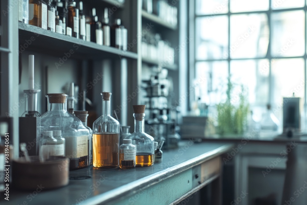 Blurry old pharmacy laboratory background image. Blurry old pharmacy laboratory background image.