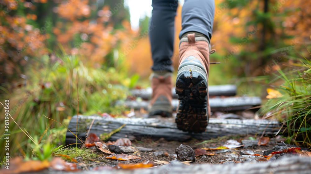 Close-up of hiking boots on a forest trail during autumn with fallen leaves and earthy path Close-up of hiking boots on a forest trail during autumn with fallen leaves and earthy path