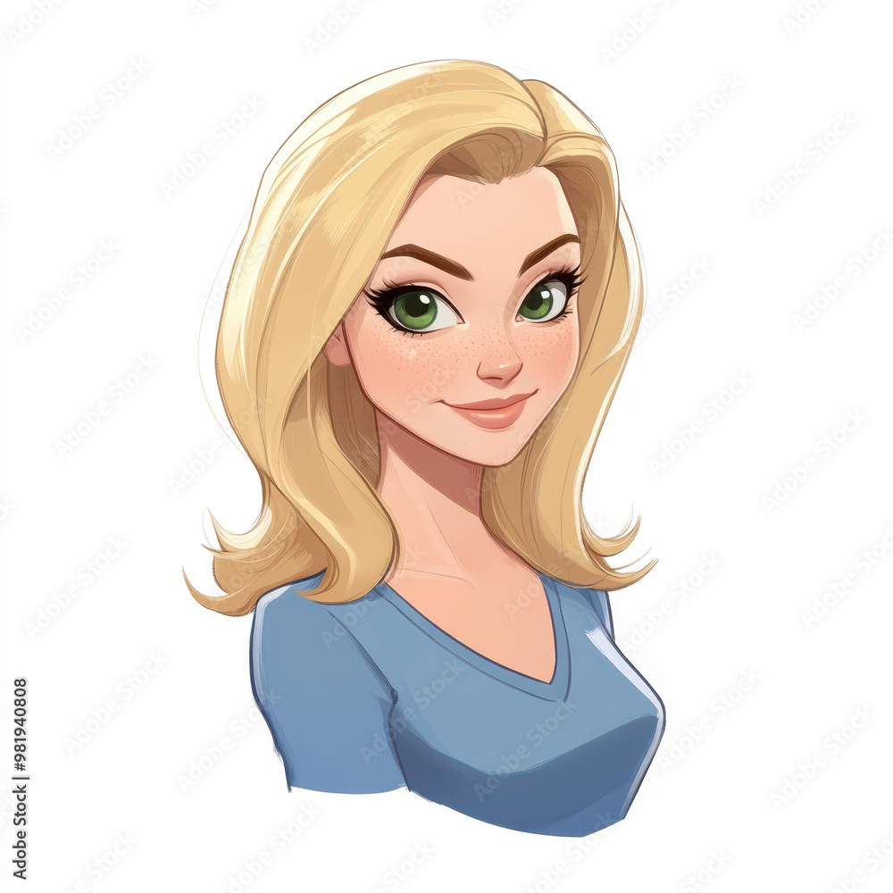 A vibrant cartoon of a 3yearold woman with straight blonde hair and striking green eyes, showcasing her unique charm. A vibrant cartoon of a 3yearold woman with straight blonde hair and striking green eyes, showcasing her unique charm.