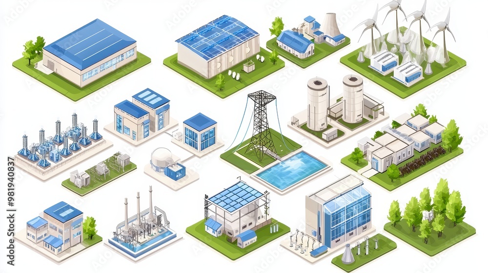 Isometric Illustration Set of Modern Green Energy Buildings and Infrastructure Isometric Illustration Set of Modern Green Energy Buildings and Infrastructure