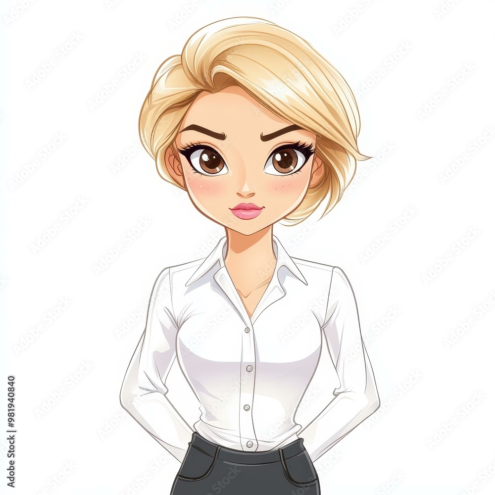 A stylish cartoon woman with mature blonde hair and brown eyes, dressed in a chic white collared shirt and business attire. A stylish cartoon woman with mature blonde hair and brown eyes, dressed in a chic white collared shirt and business attire.