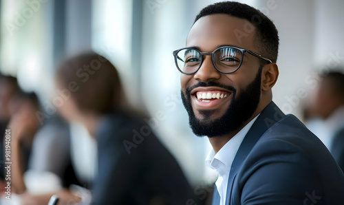 Cheerful mature businessman attending a meeting with his colleagues in an office