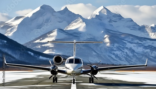 Private jet soaring by snow-capped mountains on a sunny day at a secluded runway photo