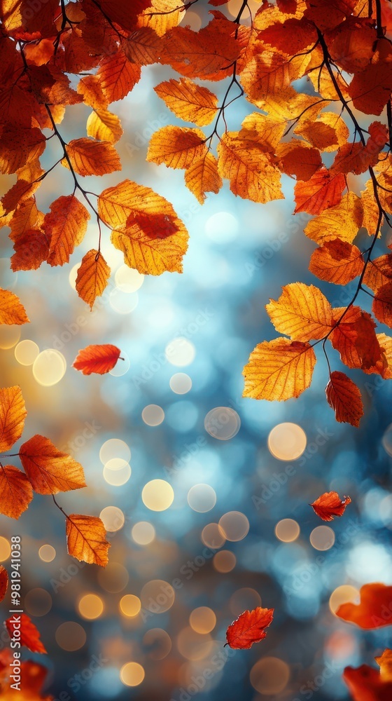 Golden autumn trees and falling maple leaves on a blurred background