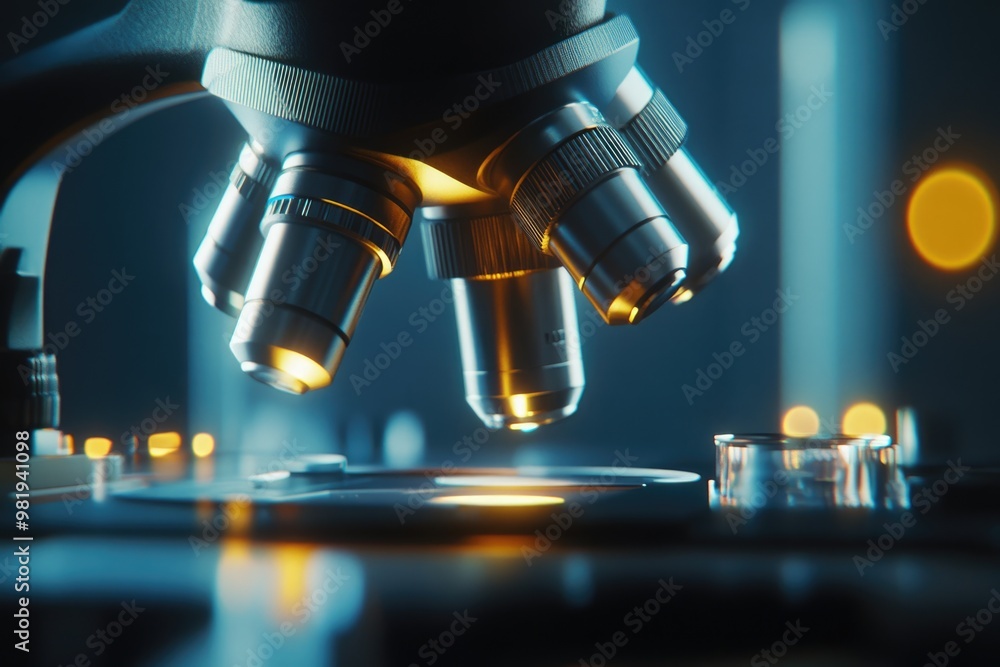 Microscope with metal lens in laboratory. Microscope with metal lens in laboratory.