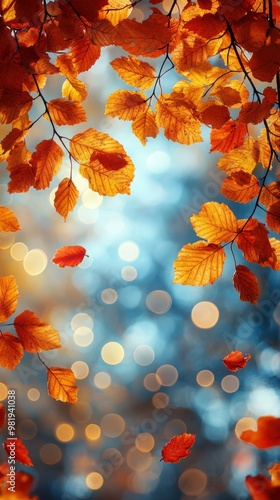 Obraz na płótnie Golden autumn trees and falling maple leaves on a blurred background w salonie