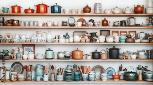 Organized Kitchen Shelves Filled With Dishes