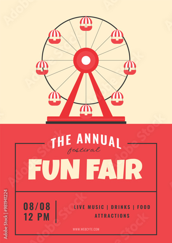 Fun fair festival invitation poster. Ferris wheel in flat style. Vector illustration concept