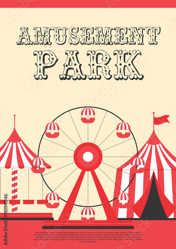 Amusement park vertical banner or poster. Ferris wheel, circus tent and swing carousel in flat style. Vector illustration