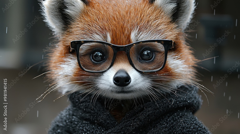 Obraz premium A playful red panda wearing glasses and a black hoodie, standing outdoors during a rain shower, showcasing its unique personality and charm