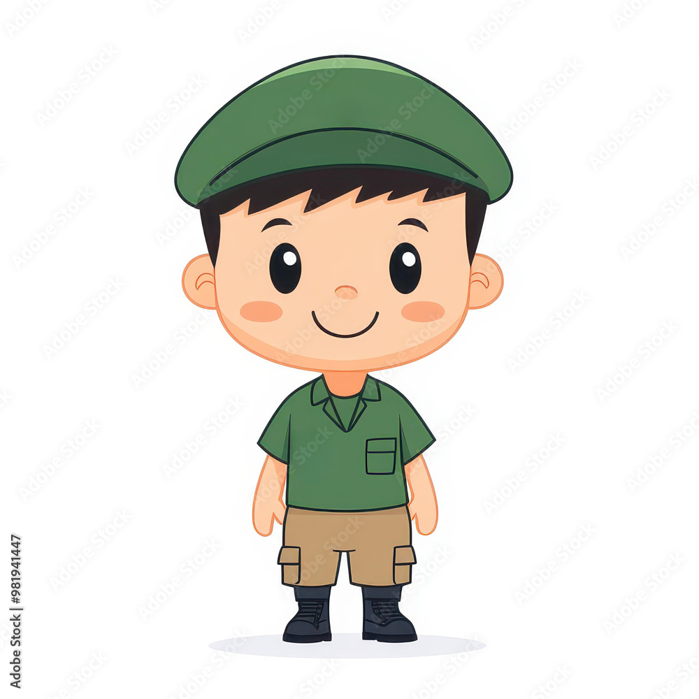 A fun cartoon soldier dons khaki gear, set against a clean backdrop that emphasizes his playful stance. A fun cartoon soldier dons khaki gear, set against a clean backdrop that emphasizes his playful stance.