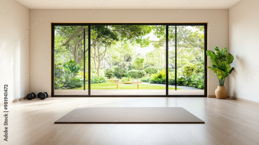 Fototapeta premium Modern Minimalist Home Gym with Garden View