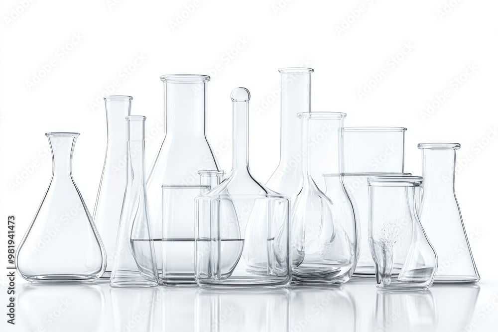 Laboratory glassware with reflections over white background With Clipping path Laboratory glassware with reflections over white background With Clipping path