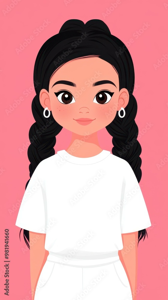 A vibrant, flat illustration showcasing a playful Indian girl in stylish white attire against a bold red backdrop. A vibrant, flat illustration showcasing a playful Indian girl in stylish white attire against a bold red backdrop.