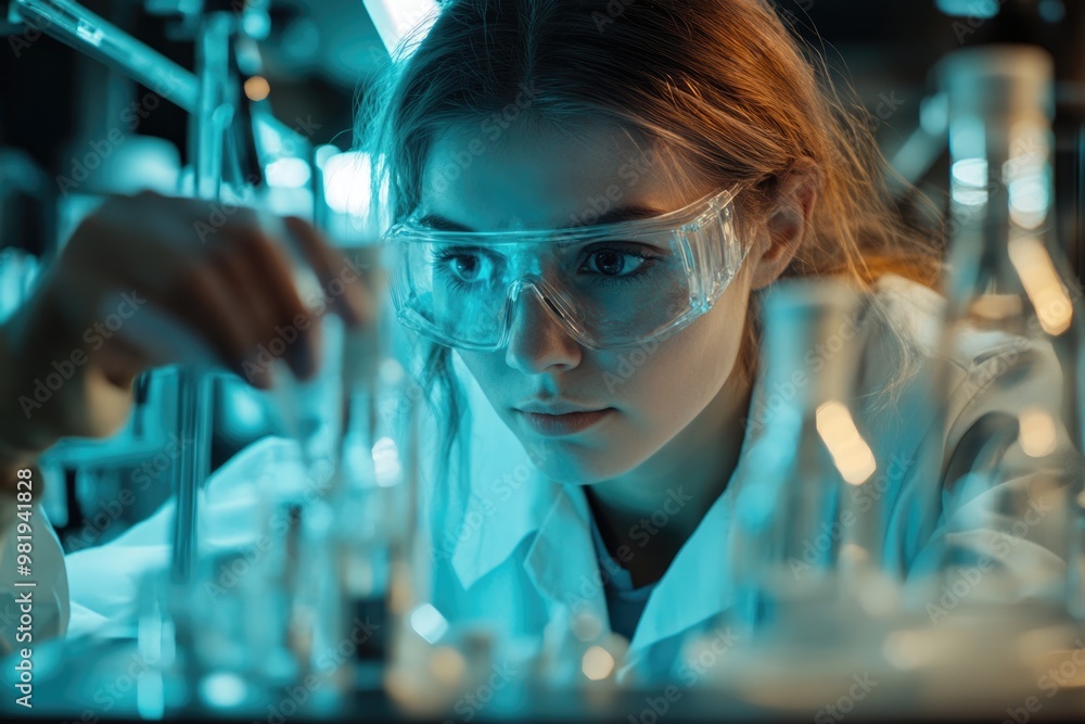 Female researcher conducting chemistry lab research color toned Female researcher conducting chemistry lab research color toned