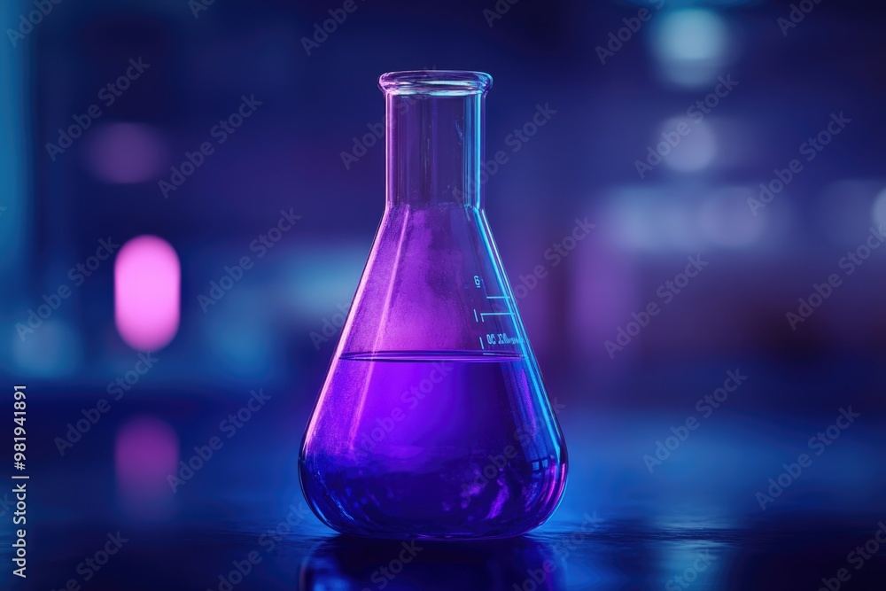purple glass flask in blue research chemistry science banner laboratory background purple glass flask in blue research chemistry science banner laboratory background