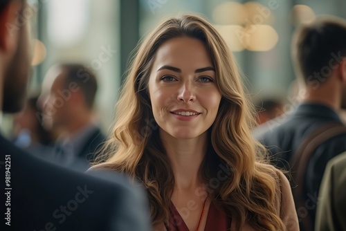 Wallpaper Mural Smiling Woman in Crowd  Business Networking Event Torontodigital.ca