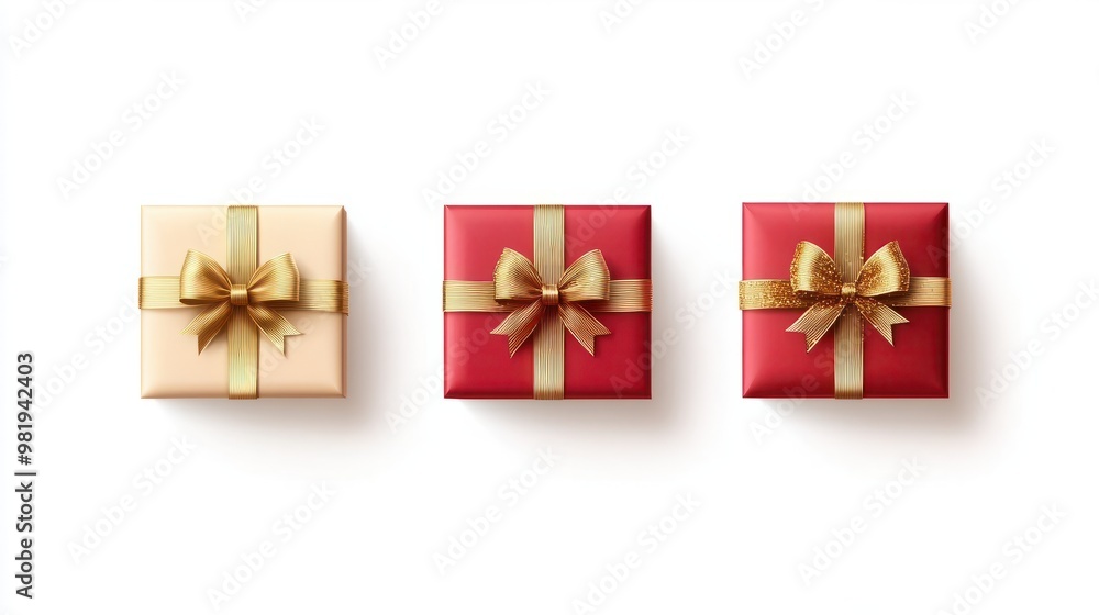 christmas gift boxes, presents with golden bows and ribbons isolated white background. Generative Ai. christmas gift boxes, presents with golden bows and ribbons isolated white background. Generative Ai.