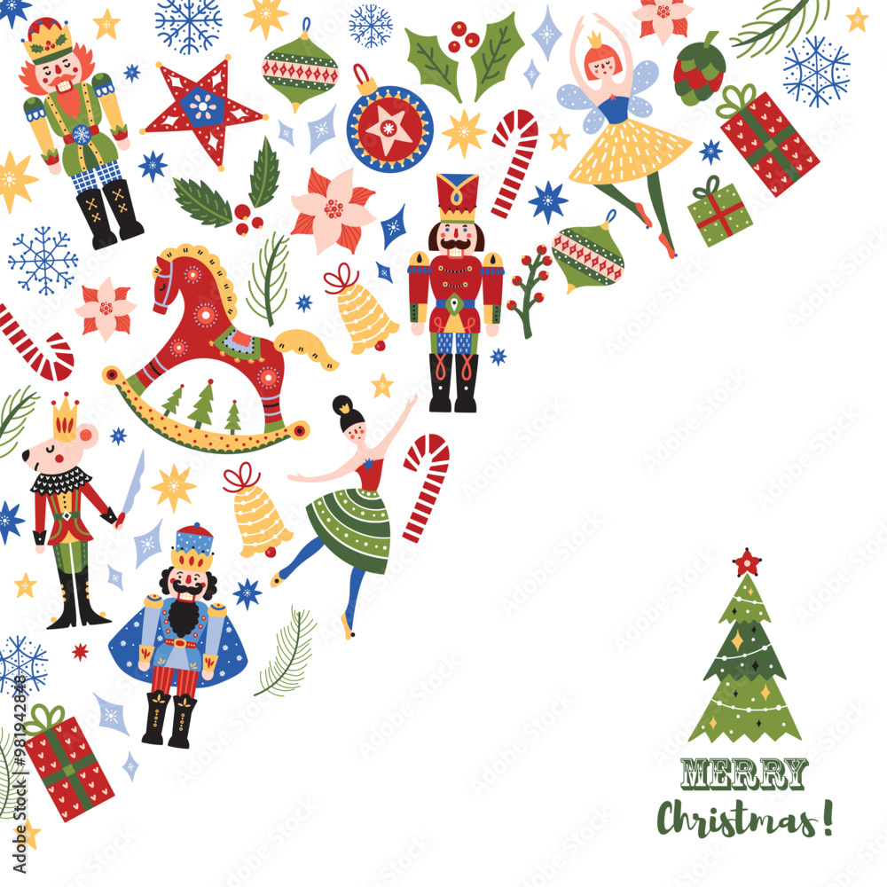 Naklejka premium Christmas decorationsvector illustration. New Year's balls, nutcracker and ballerina. Christmas vector card