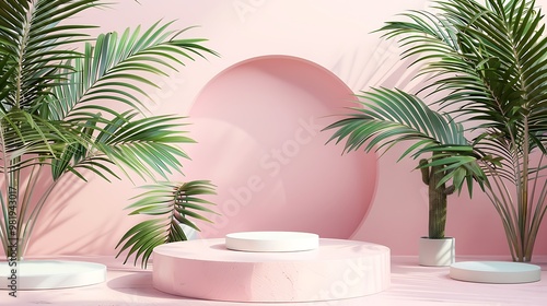 Obraz na płótnie Podium platform palm holiday backdrop in pastel for summertime isolation w salonie