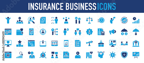 Insurance Business icons set. Man, Team Management, Search User, Document, User Data, Customer Review, Reviews, Balance Scale, Fast Time, Flag, App Design, Bar Graph, Reject vector.