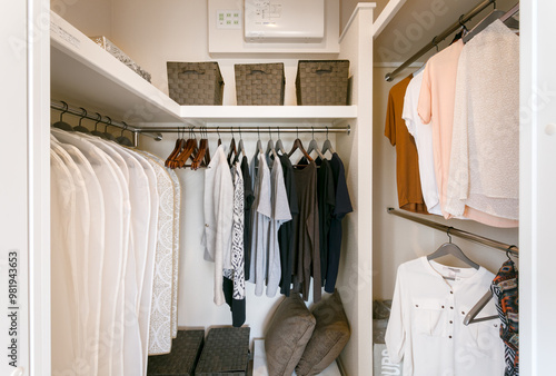 衣類がたくさん収納されたウォークインクローゼット、住宅設備