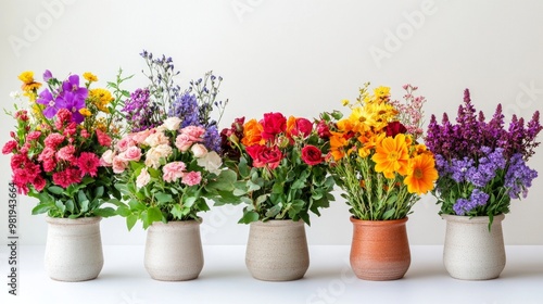 Vibrant Floral Arrangements on a Clean White Background, an array of colorful blooms in various styles showcasing the beauty and diversity of flowers in a minimalist setting