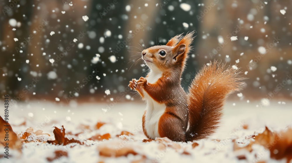 Cute red squirrel in the falling snow, animals in winter. High quality photo Cute red squirrel in the falling snow, animals in winter. High quality photo