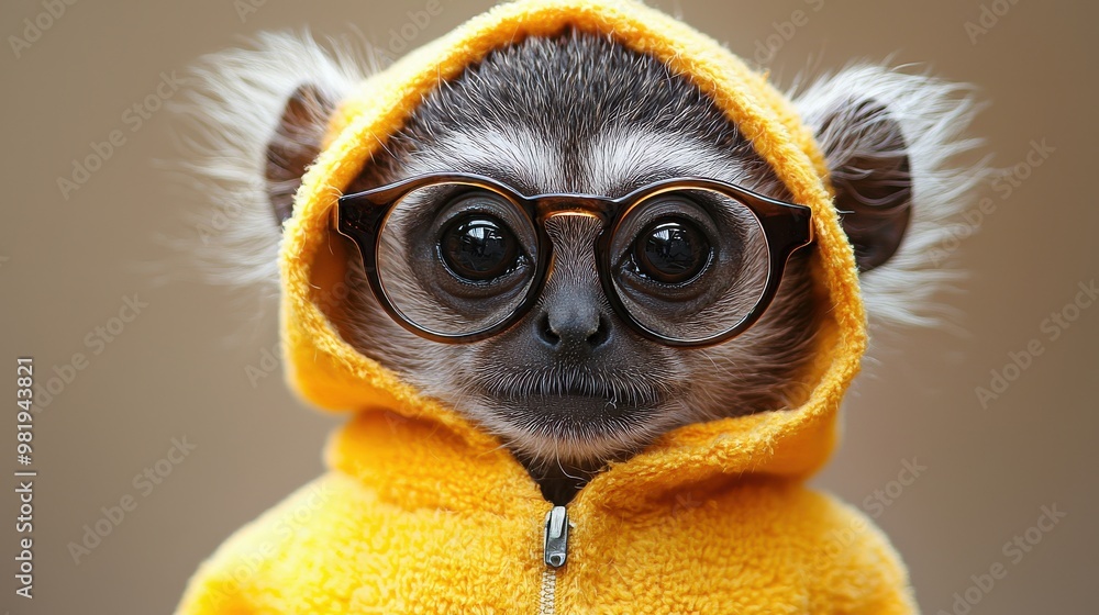 A small monkey wearing round glasses and a bright yellow hoodie poses for the camera indoors with a neutral backdrop A small monkey wearing round glasses and a bright yellow hoodie poses for the camera indoors with a neutral backdrop