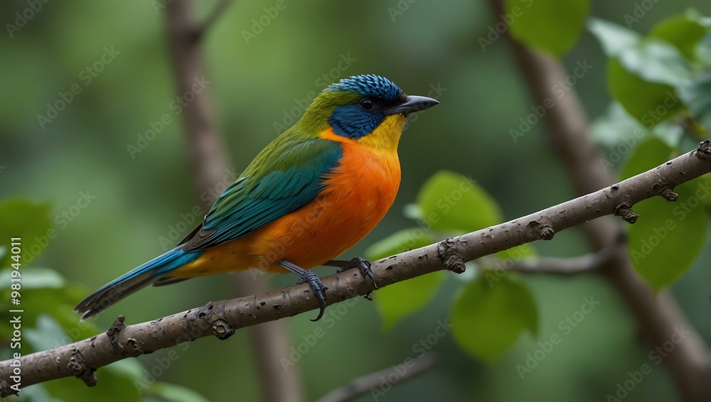 Vibrant bird on a branch with green leaves in the foreground. Vibrant bird on a branch with green leaves in the foreground.