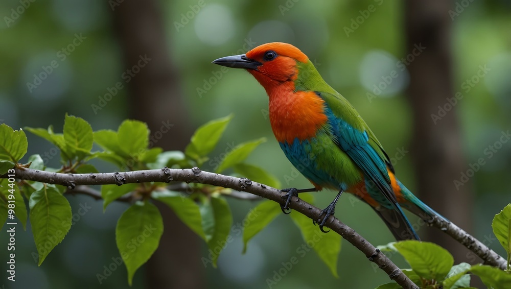 Vibrant bird on a branch with green leaves in the foreground. Vibrant bird on a branch with green leaves in the foreground.