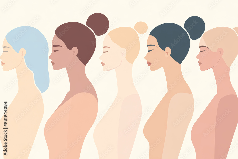 Diverse representation of women's profiles showcasing various skin tones and hair colors in a harmonious lineup Diverse representation of women's profiles showcasing various skin tones and hair colors in a harmonious lineup