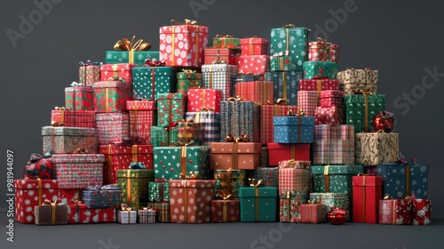 Different christmas presents on a large heap. Large stack of christmas packages. AI generated photo