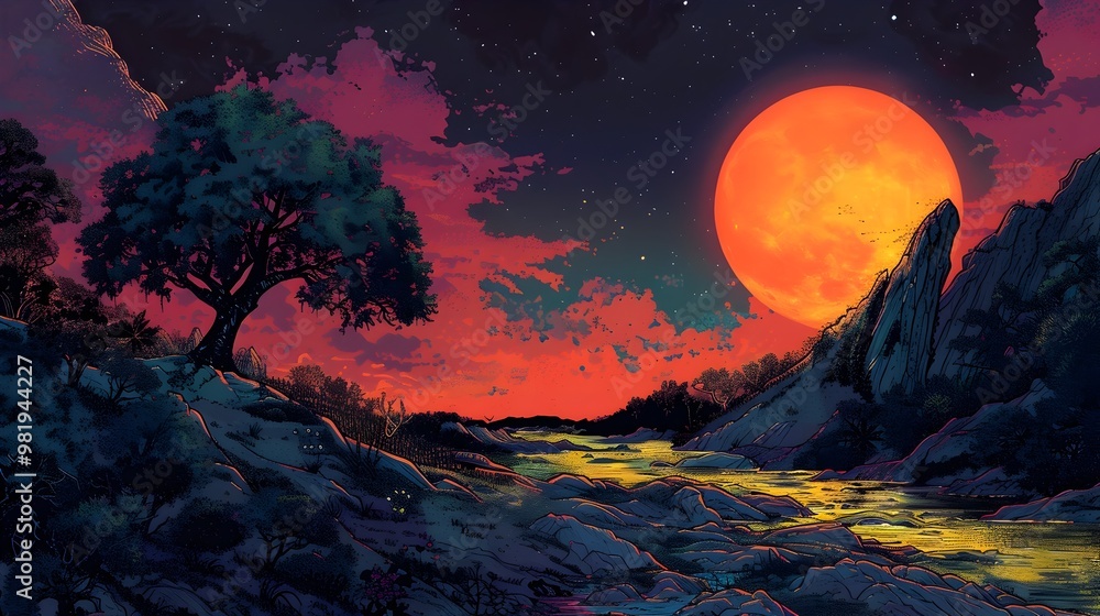Enchanting Summer Solstice Landscape in Comic Book Style Enchanting Summer Solstice Landscape in Comic Book Style