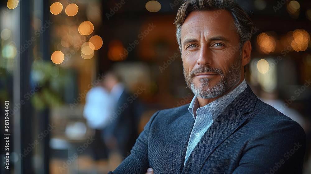 Confident businessman standing in a cafe. Confident businessman standing in a cafe.