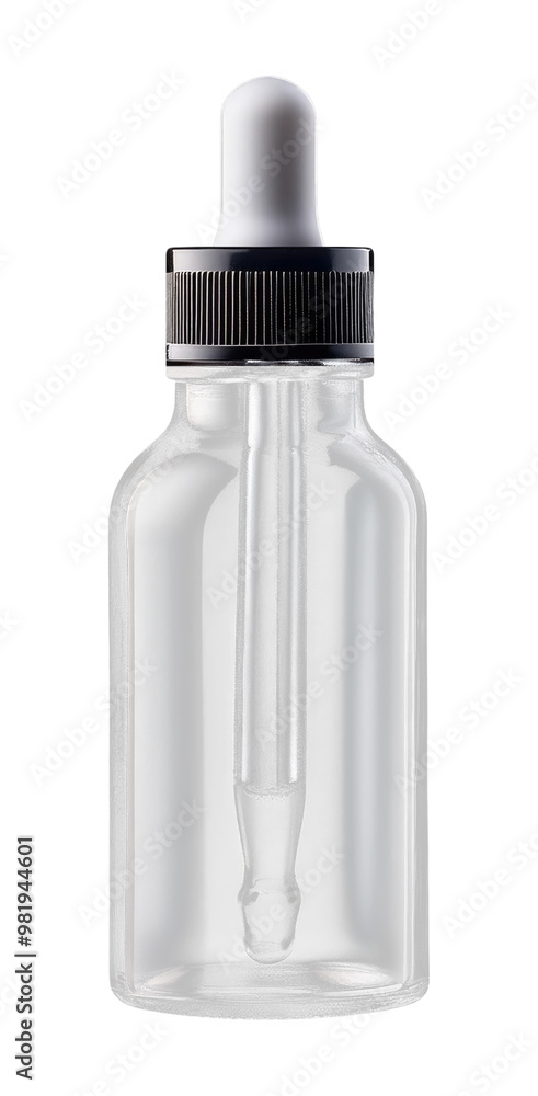 A clear glass dropper bottle with a white rubber tip, isolated on transparent background A clear glass dropper bottle with a white rubber tip, isolated on transparent background