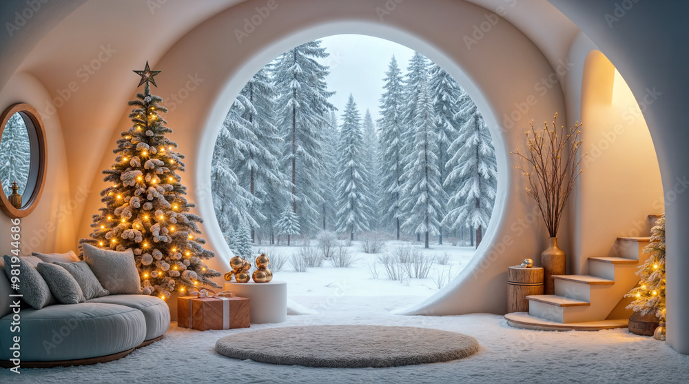 Obraz premium Futuristic room Christmas interior with natural materials, forest outside. Generative AI