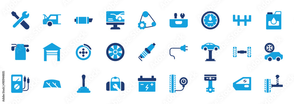 Automobile repair shop set of blue icons. Automobile repair shop icon. Repair Tool, Car Engine, Exhaust, Tool Box, Garage, Car lift, Gauge, Pump, Fan, Plug, Trunk Open, Monitor vector illustration. Automobile repair shop set of blue icons. Automobile repair shop icon. Repair Tool, Car Engine, Exhaust, Tool Box, Garage, Car lift, Gauge, Pump, Fan, Plug, Trunk Open, Monitor vector illustration.