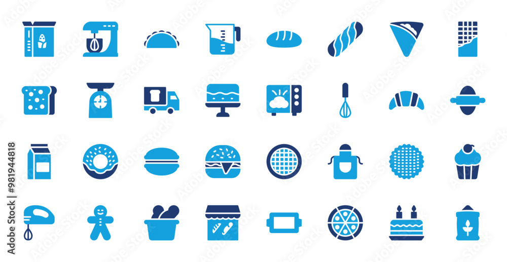 Bakery set of blue icons. Bakery icon. Hamburger, Waffle, Apron, Biscuits, Cupcake, Beater, Gingerbread, Baguette, Shop, Dish, Chocolate Bar, Pizza, Birthday Cake, Birthday Cake vector illustration. Bakery set of blue icons. Bakery icon. Hamburger, Waffle, Apron, Biscuits, Cupcake, Beater, Gingerbread, Baguette, Shop, Dish, Chocolate Bar, Pizza, Birthday Cake, Birthday Cake vector illustration.